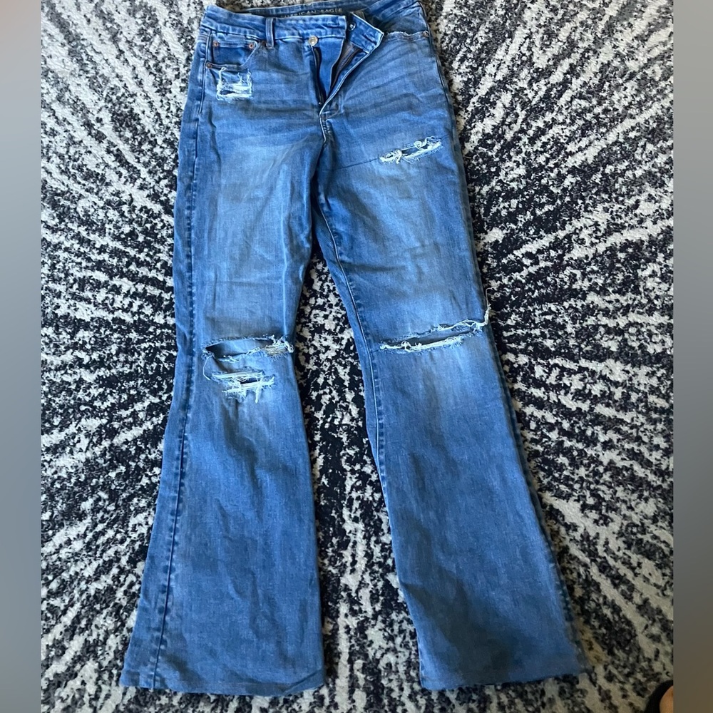 American Eagle AE stretch distressed 10 curvy super high rise flare jeans pants